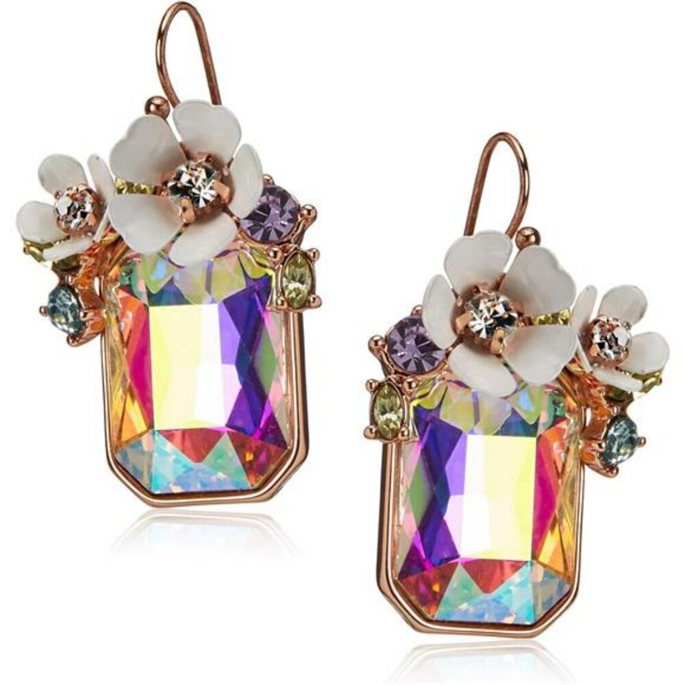 Womens flower cluster drop earrings rose gold crystal dangle statement set